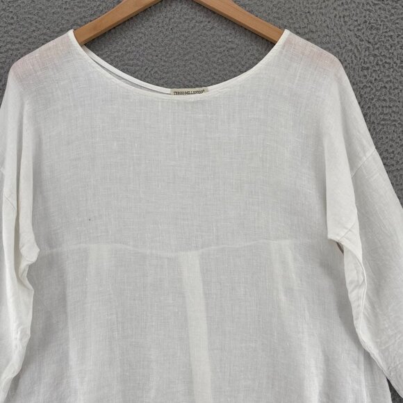 Terzo Millennio Top Womens Medium White Linen Long Roll Tab Sleeve Hi Low Tunic - Picture 3 of 11